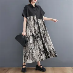 レディース 即購入OK 半袖 プリントワンピース ロングワンピース シャツワンピース 夏 きれいめ バイカラー パッチワーク 切り替え ミモレ