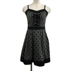 ロディスポット LODISPOTTO ワンピース キャミワンピ フレア ミニ 切替 レースアップ フロッキー タック ドット 水玉 ノースリーブ M グレー 黒 ブラック