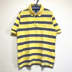 TOMMY HILFIGER トミーヒルフィガー メンズXL ポロシャツ 黄 イエロー 紺 ネイビー ボーダー 刺繍ロゴ 古着 クラシックフィット コットン