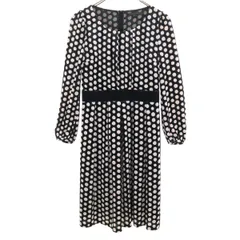 ANAYI アナイ 日本製 ドット柄 長袖 ベロア調 ワンピース 38 ブラック系 水玉 レディース 古着