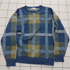 ◇ ⊇ 【ザ ショップ ティーケー】チェック柄 クルーネックニットセーター Mサイズ ブルー系 メンズ E  【1509190043228】