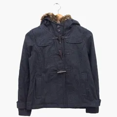 アースミュージック&エコロジー EARTH MUSIC & ECOLOGY ダッフル コート ショート丈 フード フェイクファー メルトン 総柄 肩ヨーク ウール混 S チャコール 灰 /HT4