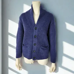 グリーンレーベルリラクシング green label relaxing　ウール100％ ワッフルニット ショールカラーカーディガン　ブルー　ユニセックス