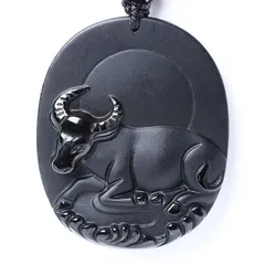 干支グッズ （丑：牛）十二生肖 十二支 ゾディアック 動物ペンダント ネックレス、天然石パワーストーン・オブシディアン（黒曜石）製、Bella Jade 0