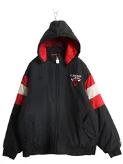 【お得なクーポン配布中!】 80s 90s ブルズ フード付き 中綿 ナイロン ジャケット メンズ L 古着 ヴィンテージ NBA オフィシャル スタジャン バスケ ロゴ7 ブルゾン 黒