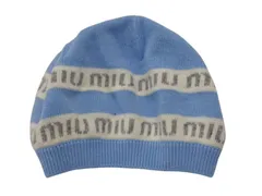 MIU MIU ミュウミュウ ロゴジャカード ニット帽 ビーニー ライトブルー バージンウール サイズＭ 美品 中古 4b007107