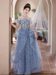 新品 胸元の立体フラワーと煌めくラインが美しいロングドレス 演奏会 発表会