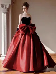 新品 大胆ウエストリボンの高級レッドドレス パーティー 前撮り 他カラーあり