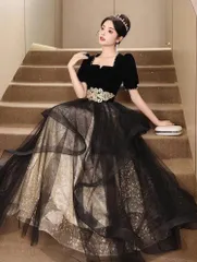 新品 シックなブラックレースのロングドレス パーティードレス