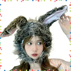 【在庫セール】[Kasameidou] ウサギ 被り物 ウサギ帽子 グレー兎 ラビット 長毛 キャップ アニマルハット 手軽に変身 コスプレ小道具 クリスマス ハロウィン 可愛い動物 アニマル帽子 ぬいぐるみ 被り物 面白い 撮影道具