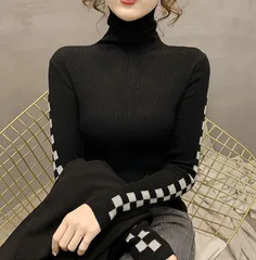 【ブラック】タートルネック ハイネック ニット レディース セーター トップス 長袖 リブニット スリム 着痩せ 韓国風 秋冬 おしゃれ