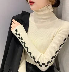 【ホワイト】タートルネック ハイネック ニット レディース セーター トップス 長袖 リブニット スリム 着痩せ 韓国風 秋冬 おしゃれ