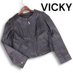 VICKY ビッキー 秋冬★ 本革 リアル レザー ノーカラー ジャケット Sz.2 レディース 黒のサムネイル