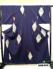 【着物】アンティーク着物　アンティーク　小紋　お召し　袷　絹　青紫地　大正ロマン　昭和レトロ　抽象柄　菱形　和装　OME409