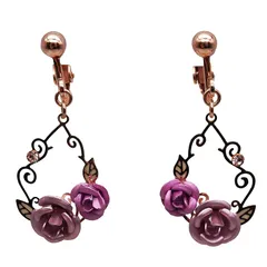 【迅速発送】大、小アルミバラとダイヤビーズ付きイヤリング (パープル, イヤリング) 0