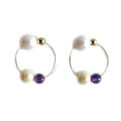 【迅速発送】天然石 と パール の ツイン フープ イヤリング (アメジスト) 1