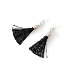 【迅速発送】ノンホールピアス イヤリング クローバー ミドルサイズ 四つ葉 揺れる カラー フリンジ シルバー (黒) 0