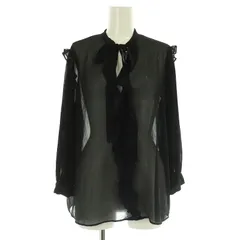 ザラ ZARA シアーブラウス 七分袖 プリーツ ボリュームスリーブ リボン フリル USA S ブラック /MY ■OS