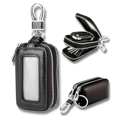 【迅速発送】[Ventury] キーケース メンズ スマートキー対応 PUレザー ダブルファスナー コンパクト 軽量 窓付き クリア窓 レザー 車 バイク 鍵収納 通勤 旅行 プレゼント ギフト 誕生日 記念日 贈り物