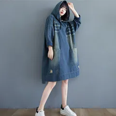 ☆ デニム ☆ Lサイズ ☆ デニム パーカー ワンピース デニム パーカー ワンピース レディース デニムワンピース パーカーワンピース デニムパーカー スカート 体型カバー 長袖 ゆったり ひざ丈 膝丈 大人 フード付き フード カジュアル
