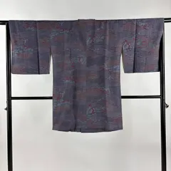 【美品】 道行 身丈95cm 裄丈67cm M 和装コート 角衿 家屋 霞 ぼかし 灰紫 正絹 名品 【中古】