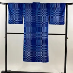 道行 身丈129.5cm 裄丈62cm 和装コート 紬地 変わり市松 ぼかし 青 正絹 秀品 【中古】