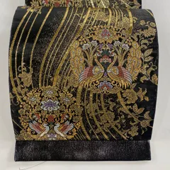 【美品】 袋帯 秀品 向かい鳥 花唐草 箔 黒 六通 正絹 【中古】