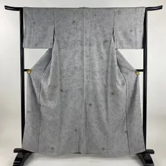 付下げ 身丈159.5cm 裄丈64cm M 袷 辻が花柄 地紋 刺繍 金彩 灰色 正絹 秀品 【中古】