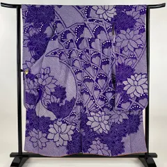 振袖 身丈157cm 裄丈63cm S 袷 鳥 花 絞り 刺繍 青紫 正絹 秀品 【中古】