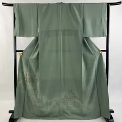 付下げ 身丈167cm 裄丈67cm M 袷 向かい鳥 華文 刺繍 灰緑 正絹 秀品 【中古】