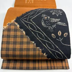 【美品】 開き名古屋帯 秀品 紬地 鳥 幾何学模様 絞り 茶色 正絹 【中古】