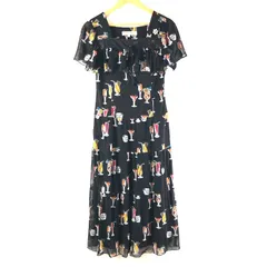 スーパービューティー super beauty ワンピース 半袖 カクテル柄 シフォン ビジュー付き ブラック系 42サイズ 978150