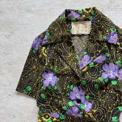 昭和レトロ花柄半袖ロングワンピースオープンカラーペイズリー風ブラック9号n1