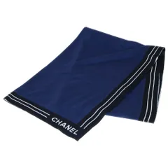 CHANEL (シャネル) ロゴジャガード ストライプ シルク カシミヤ ニット ストール マフラー ネイビー/ブラック