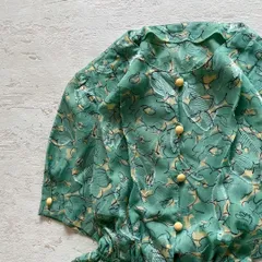 昭和レトロ花柄半袖ロングワンピース透け素材リーフ柄刺繍入り9号グリーンN3