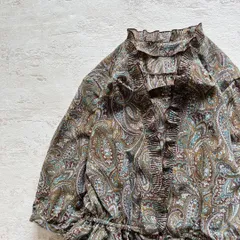 昭和レトロペイズリー柄半袖ロングワンピースフリルネック総柄透け素材ブラウンM1