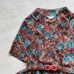 昭和レトロアート風半袖ロングワンピースベルト付き透け素材ブラウン11号M1