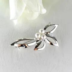 267【ミキモト】シルバー　パール　ブローチ　リーフ　ボタニカル