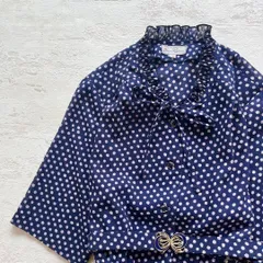 昭和レトロドット柄半袖ロングワンピースフリルネックベルト付きネイビー13号q1
