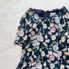 ローラアシュレイ花柄半袖ロングワンピース透け素材ネイビー7号F3