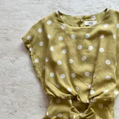 昭和レトロドット柄半袖ロングワンピースリボン付きマスタード9号F3