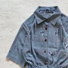 昭和レトロボーダー柄半袖ロングワンピース透け素材11号ブルーb1