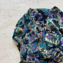 昭和レトロパターン柄半袖ロングワンピースベルト付きヨーロピアン風L1