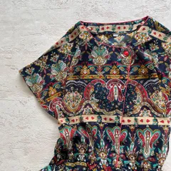 昭和レトロカラフルパターン柄半袖ロングワンピースやや透け素材ネイビー9号aa