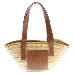LOEWE (ロエベ) かごバッグ バスケット スモール ベージュ×ブラウン ラフィア×レザー ハンドバッグ アナグラムロゴ