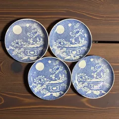 【4客セット】古伊万里 平皿 牡丹 灯篭 染付 丸皿 取り皿 盛り皿 飾り皿 江戸 和食器 骨董品 アンティーク