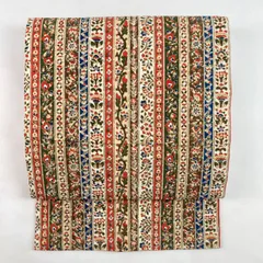 たんす屋 TANSU-YA リユース帯 帯 名古屋帯 マルチカラー カジュアル 織り 縞 花草文 絹 未洗い MS6339