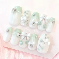 No.112オーダー♡量産型ワンホン韓国フレンチガーリースナ系チェリーネイルチップ さくらんぼリボンハート