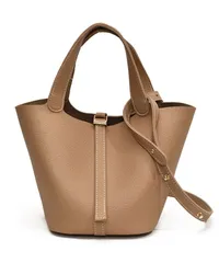 ピコタン風ショルダートートバッグ／ライトブラウン／2WAYバケツバッグ／ポーチ付き／高見えフェイクレザー -32972