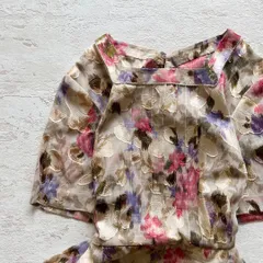 昭和レトロ花柄刺繍入り半袖ロングワンピーススクエアネックフリーサイズベージュP1